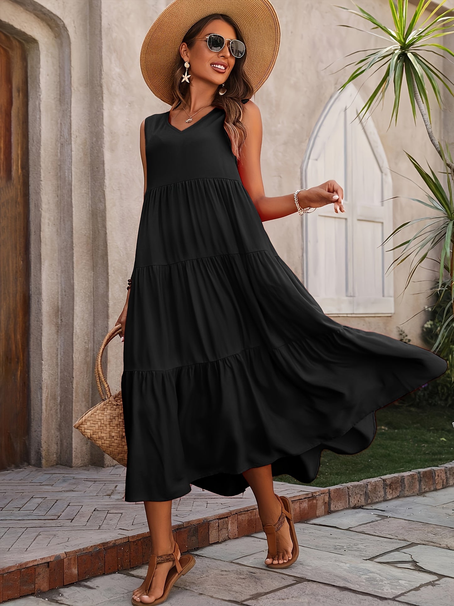 Chic V Neck Ruffle Hem Dress - Loose & Flowy Sleeveless - l3roma