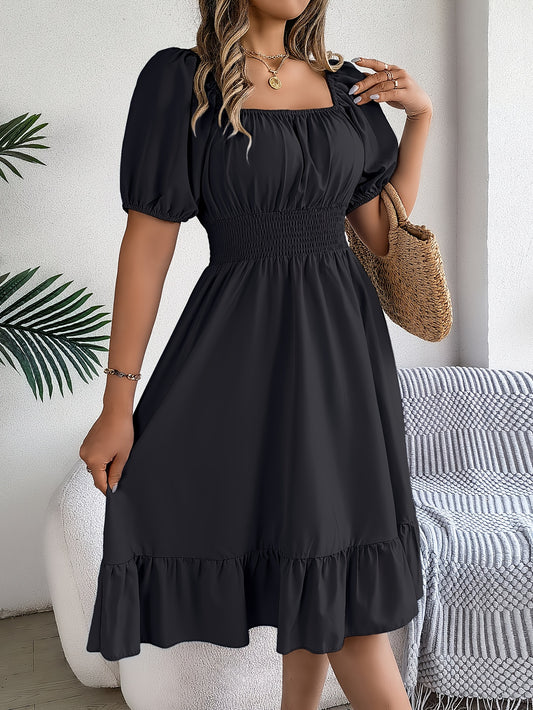 Spring And Summer Casual Elegant Square - Neck Short - Sleeve Waist - Tied A - Line Dress with Ruffles. - l3roma