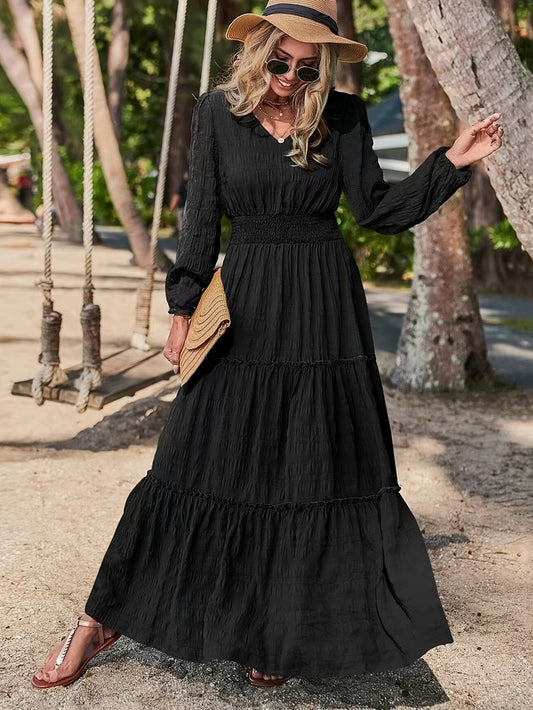 Chic Solid V - neck Textured Maxi Dress - Flattering Vacation Style with Smocked Long Sleeves - Versatile Womens Clothing for All Seasons - l3roma