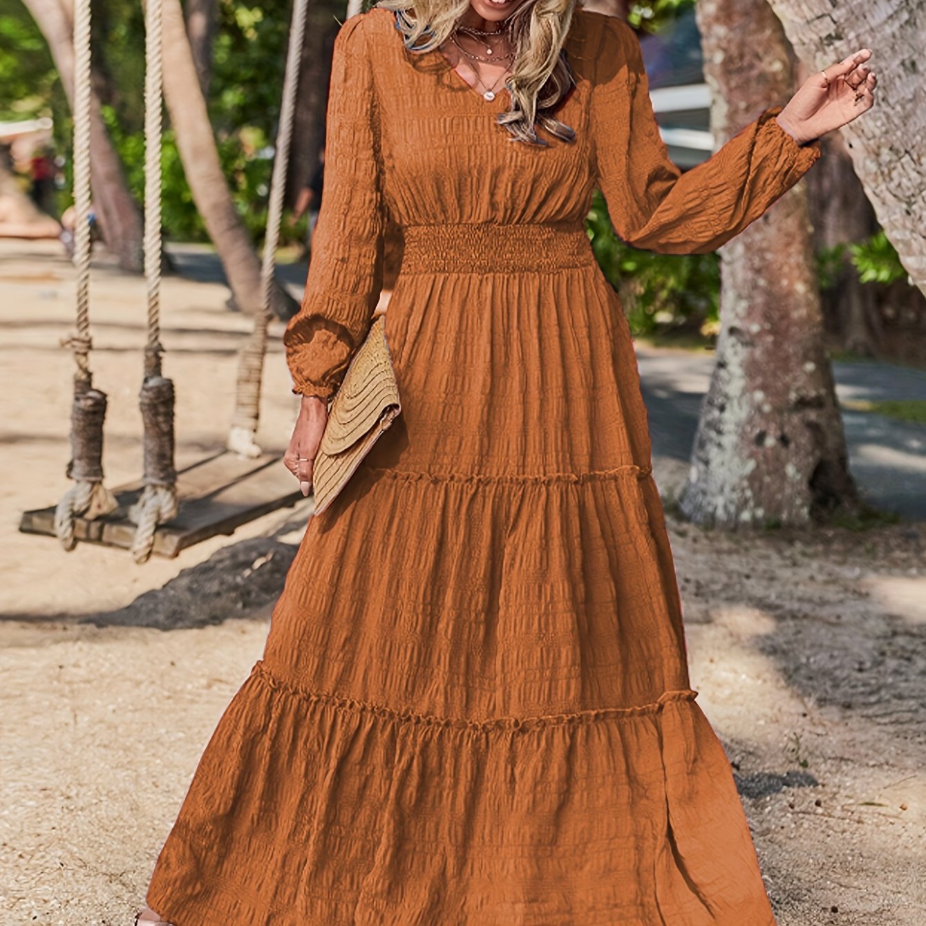 Chic Solid V - neck Textured Maxi Dress - Flattering Vacation Style with Smocked Long Sleeves - Versatile Womens Clothing for All Seasons - l3roma