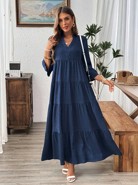 1pc Elegant V - Neck Asymmetrical Long Dress with Pleats - l3roma