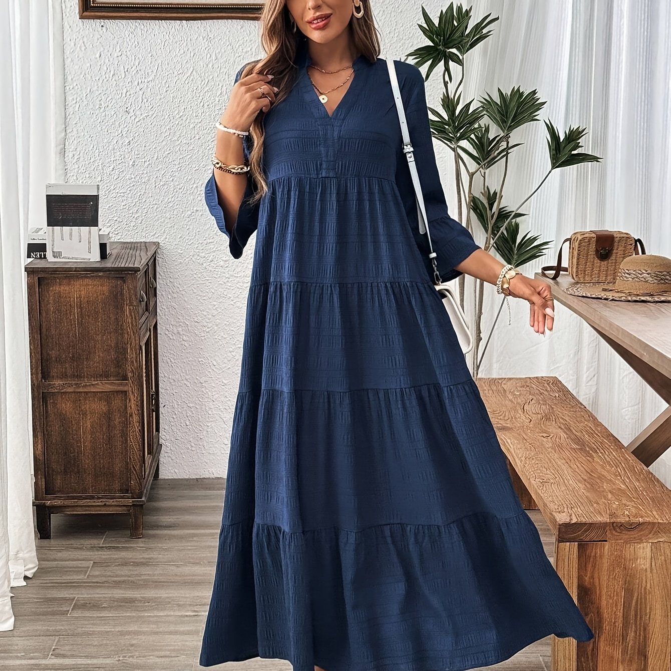 1pc Elegant V - Neck Asymmetrical Long Dress with Pleats - l3roma