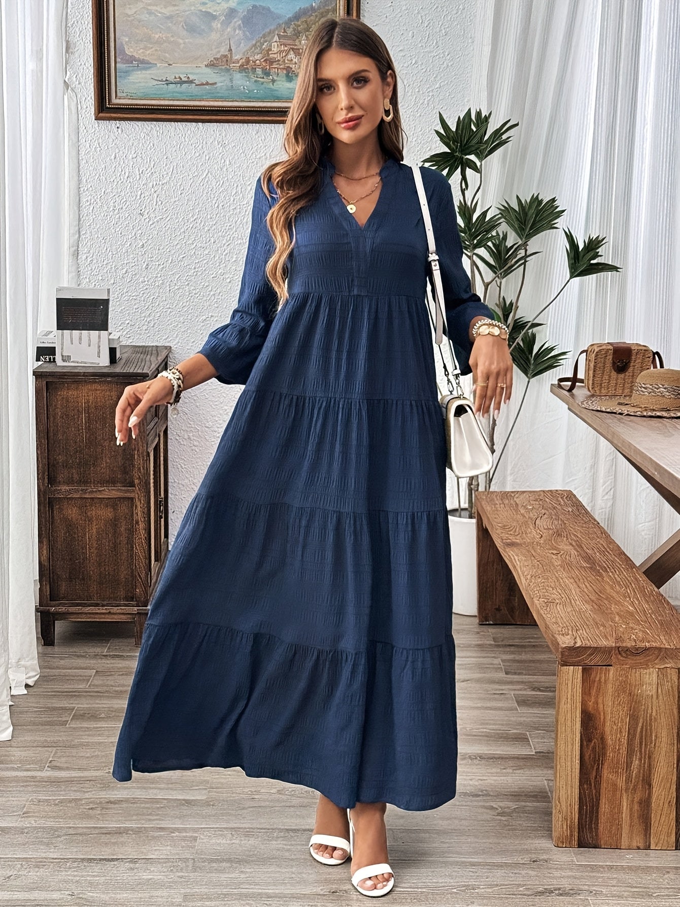 1pc Elegant V - Neck Asymmetrical Long Dress with Pleats - l3roma