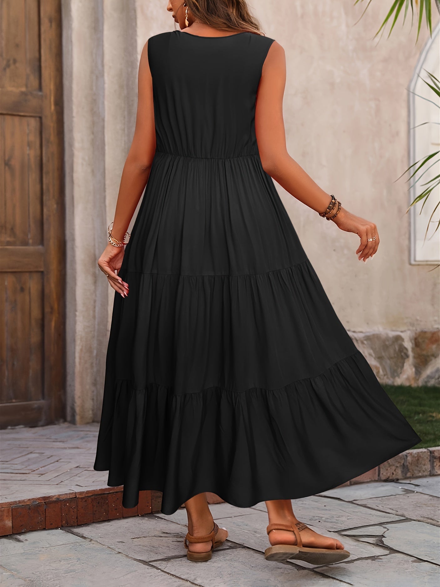 Chic V Neck Ruffle Hem Dress - Loose & Flowy Sleeveless - l3roma