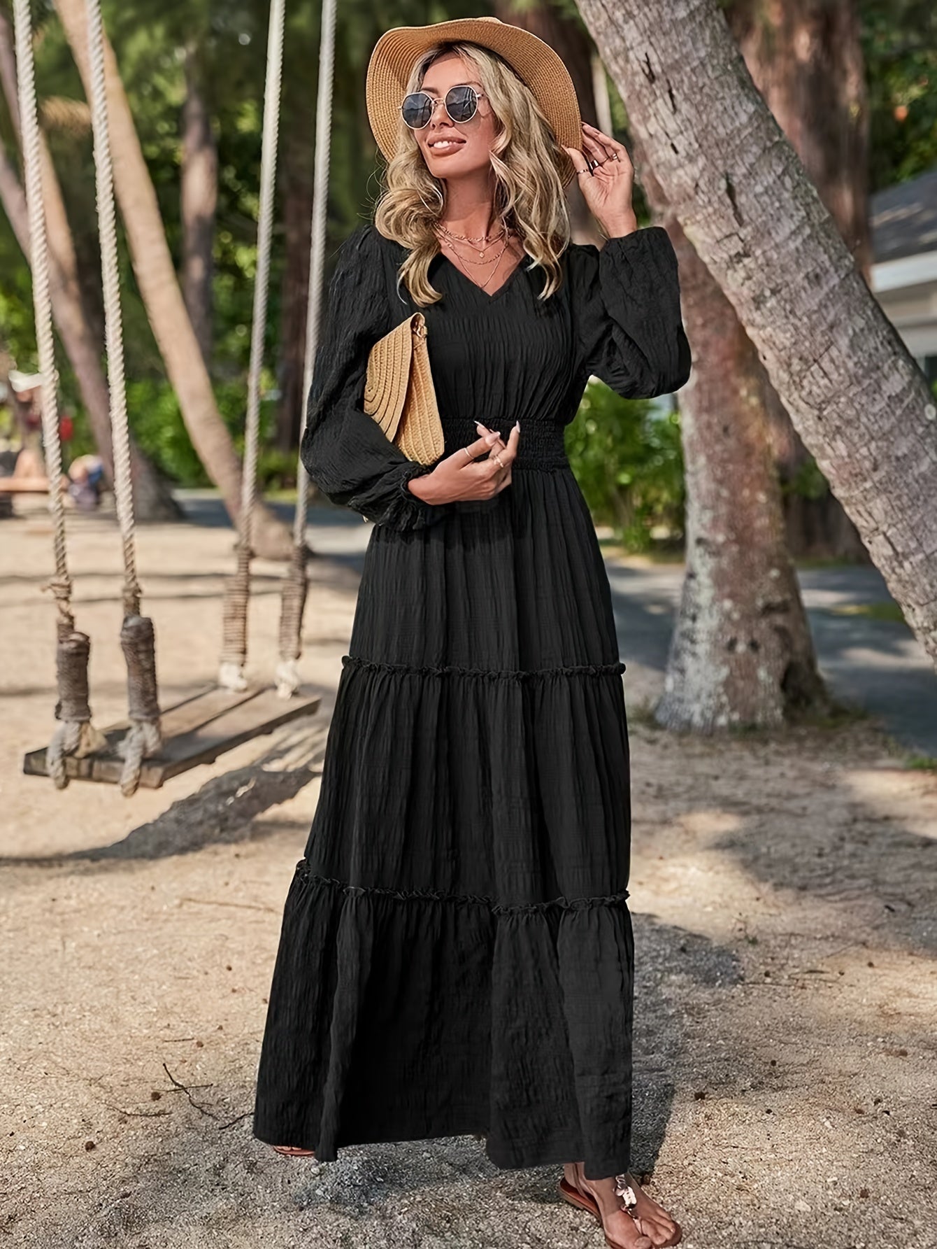 Chic Solid V - neck Textured Maxi Dress - Flattering Vacation Style with Smocked Long Sleeves - Versatile Womens Clothing for All Seasons - l3roma