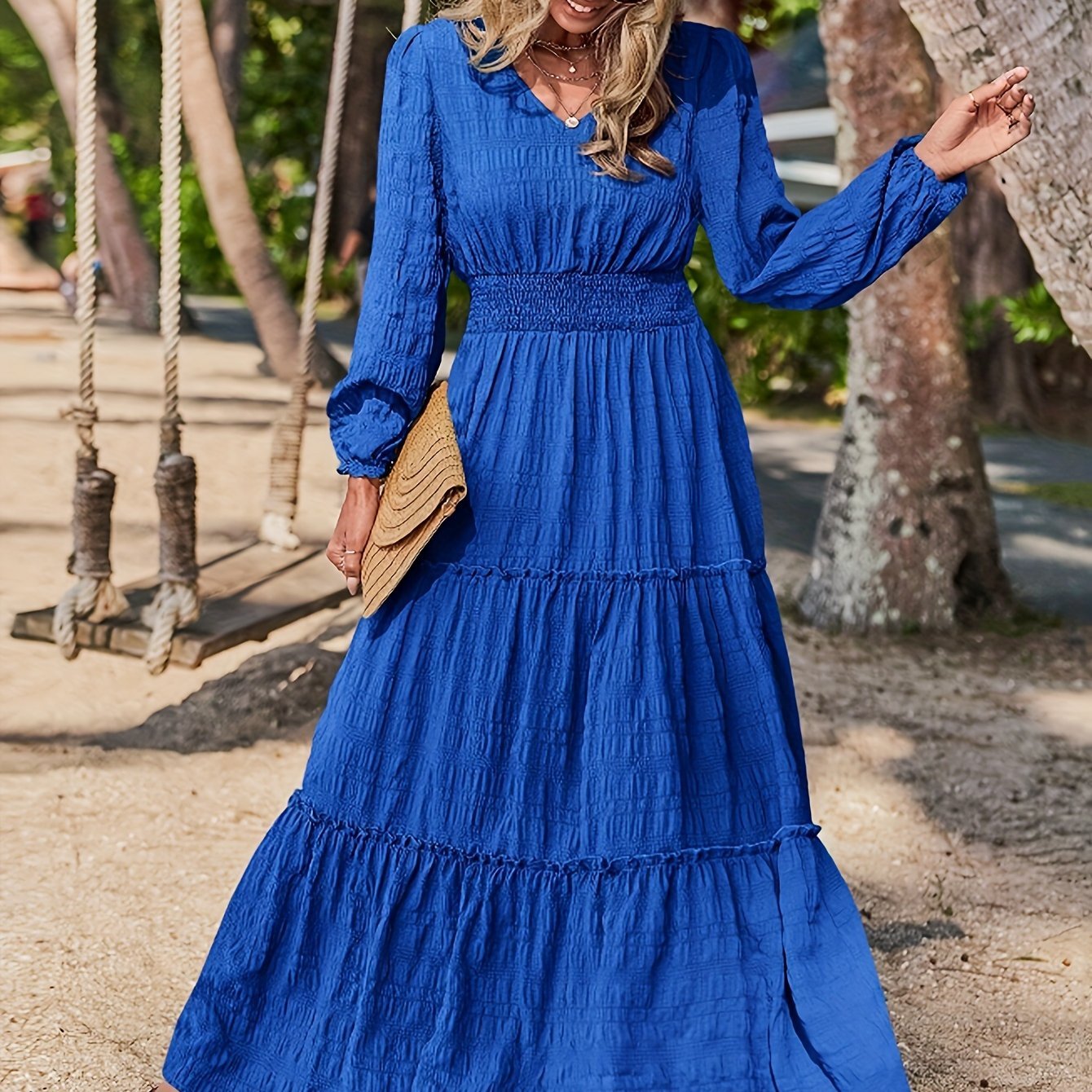 Chic Solid V - neck Textured Maxi Dress - Flattering Vacation Style with Smocked Long Sleeves - Versatile Womens Clothing for All Seasons - l3roma