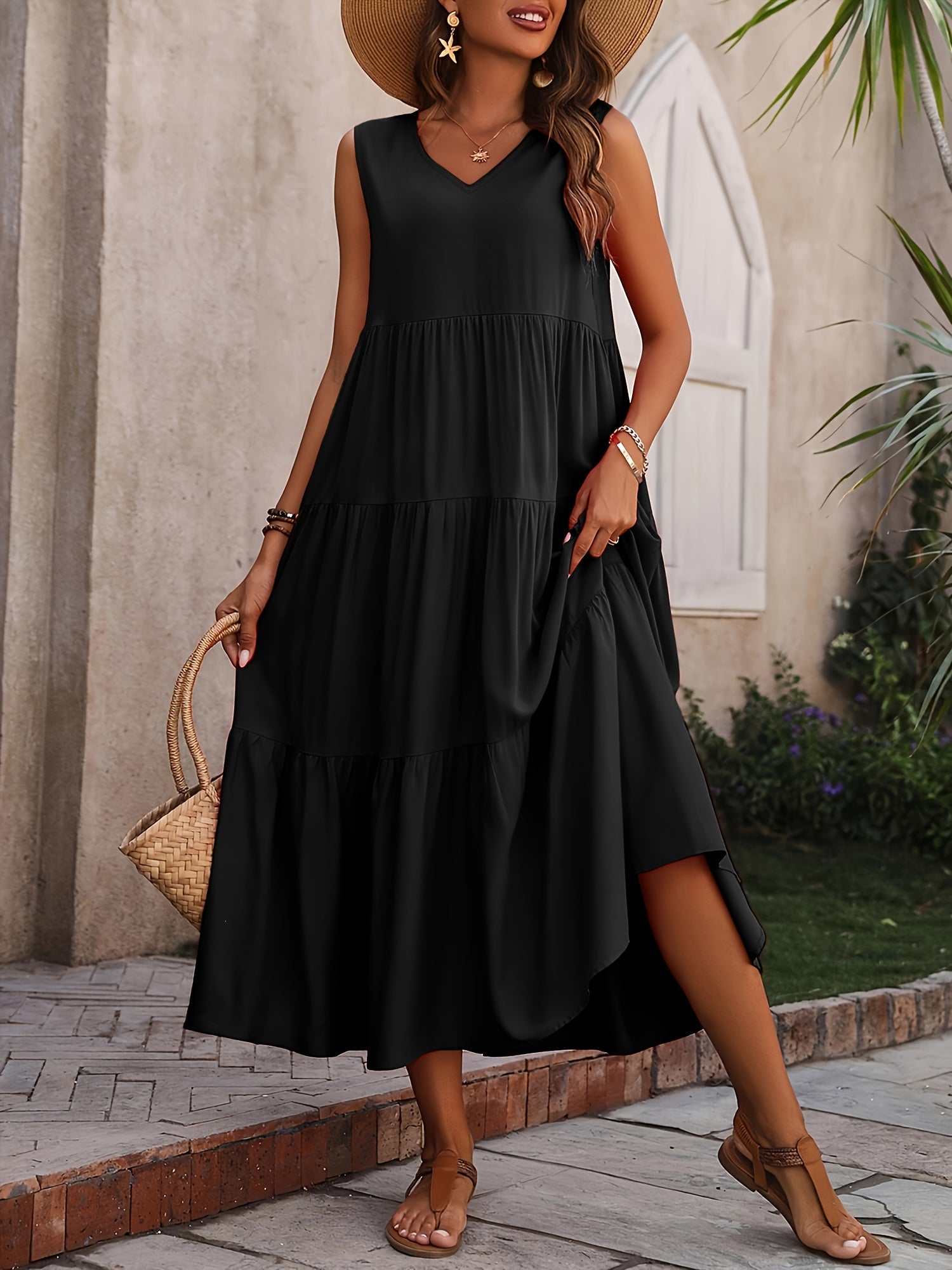 Chic V Neck Ruffle Hem Dress - Loose & Flowy Sleeveless - l3roma