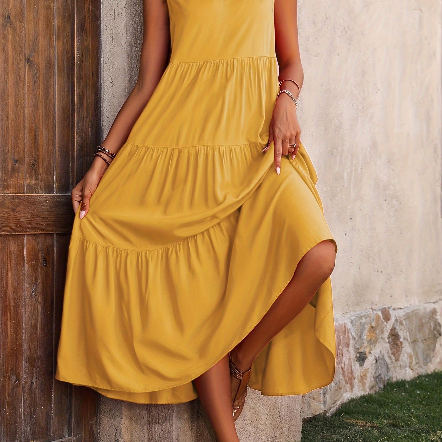 Chic V Neck Ruffle Hem Dress - Loose & Flowy Sleeveless - l3roma