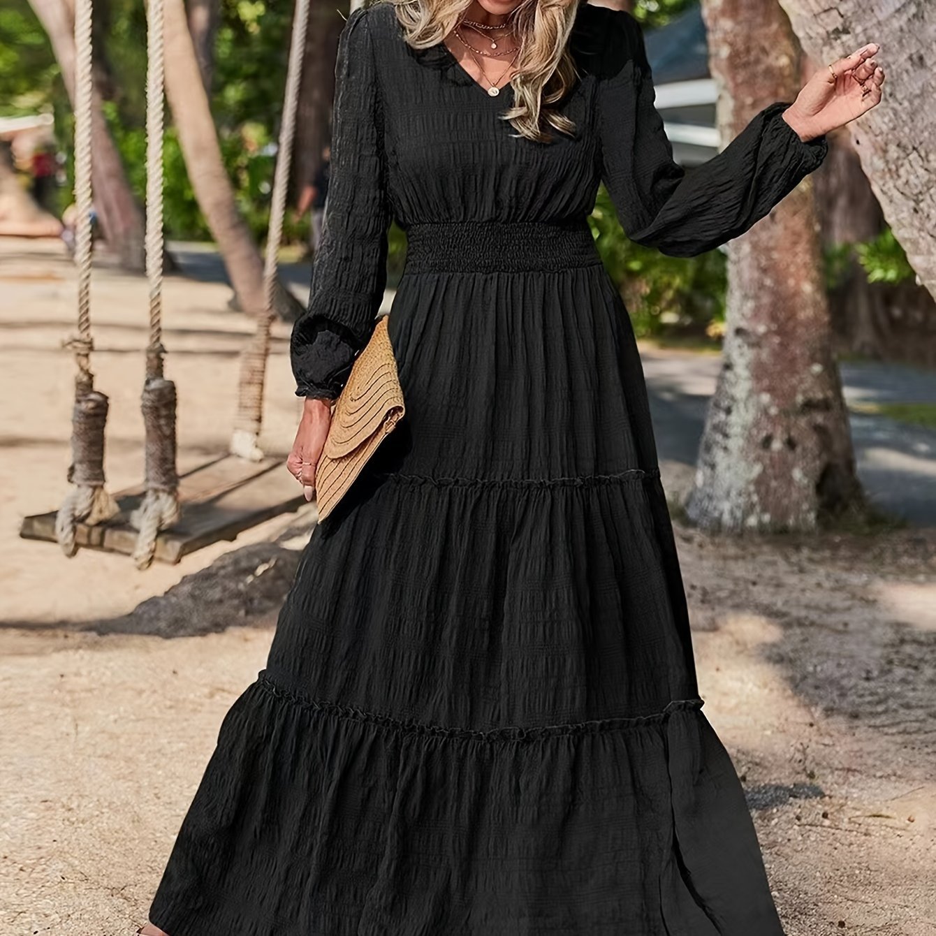 Chic Solid V - neck Textured Maxi Dress - Flattering Vacation Style with Smocked Long Sleeves - Versatile Womens Clothing for All Seasons - l3roma