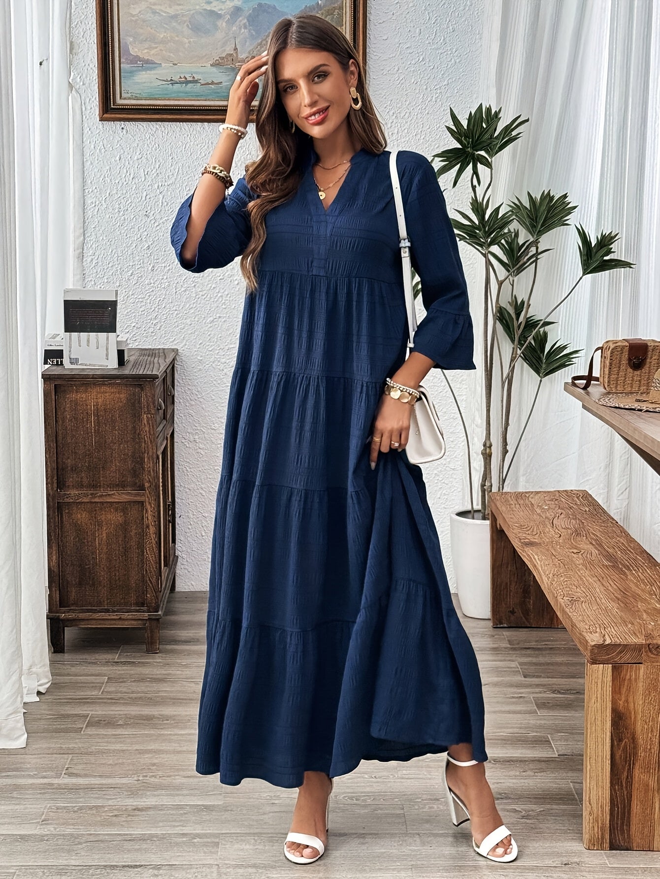 1pc Elegant V - Neck Asymmetrical Long Dress with Pleats - l3roma