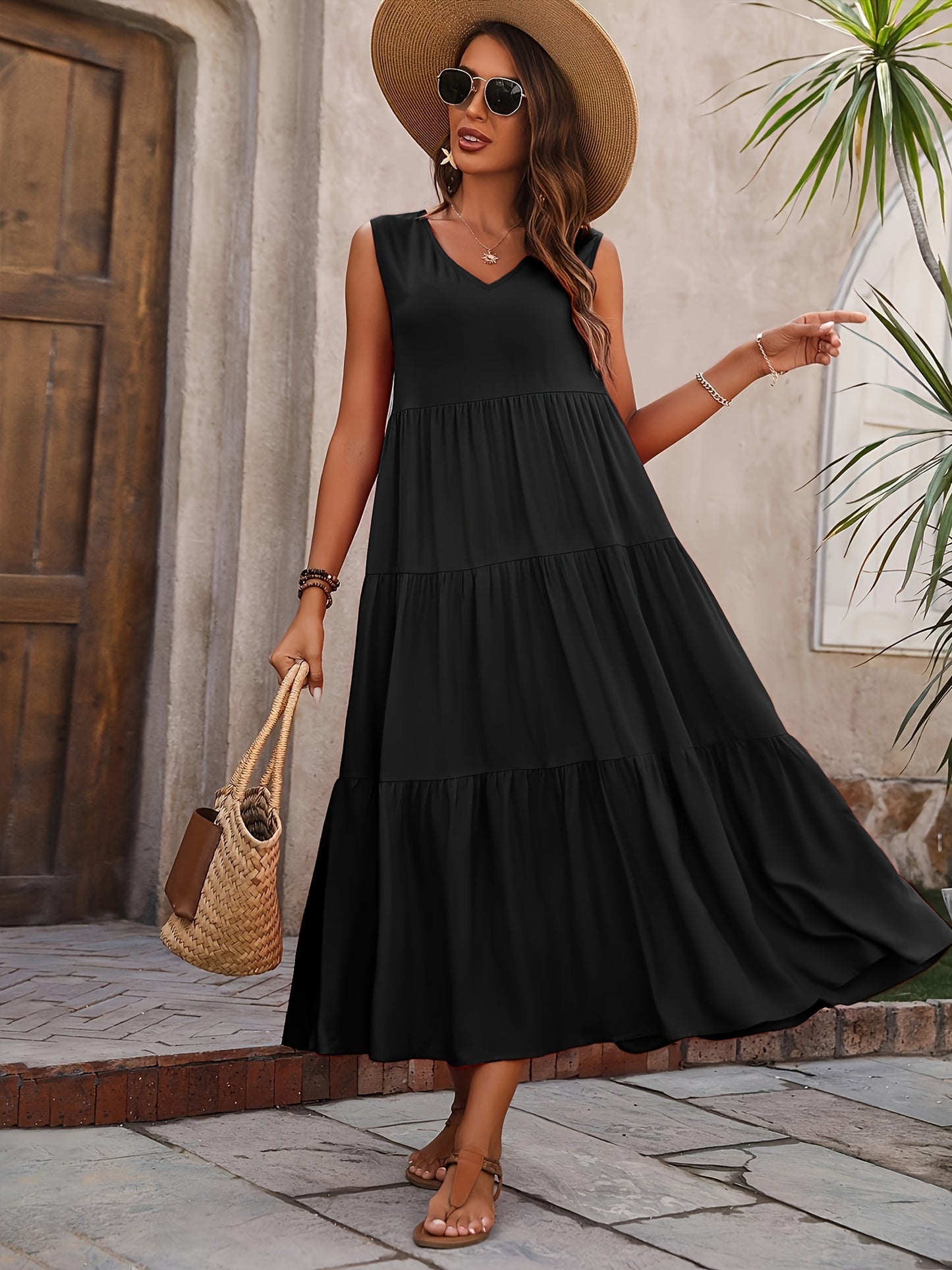 Chic V Neck Ruffle Hem Dress - Loose & Flowy Sleeveless - l3roma