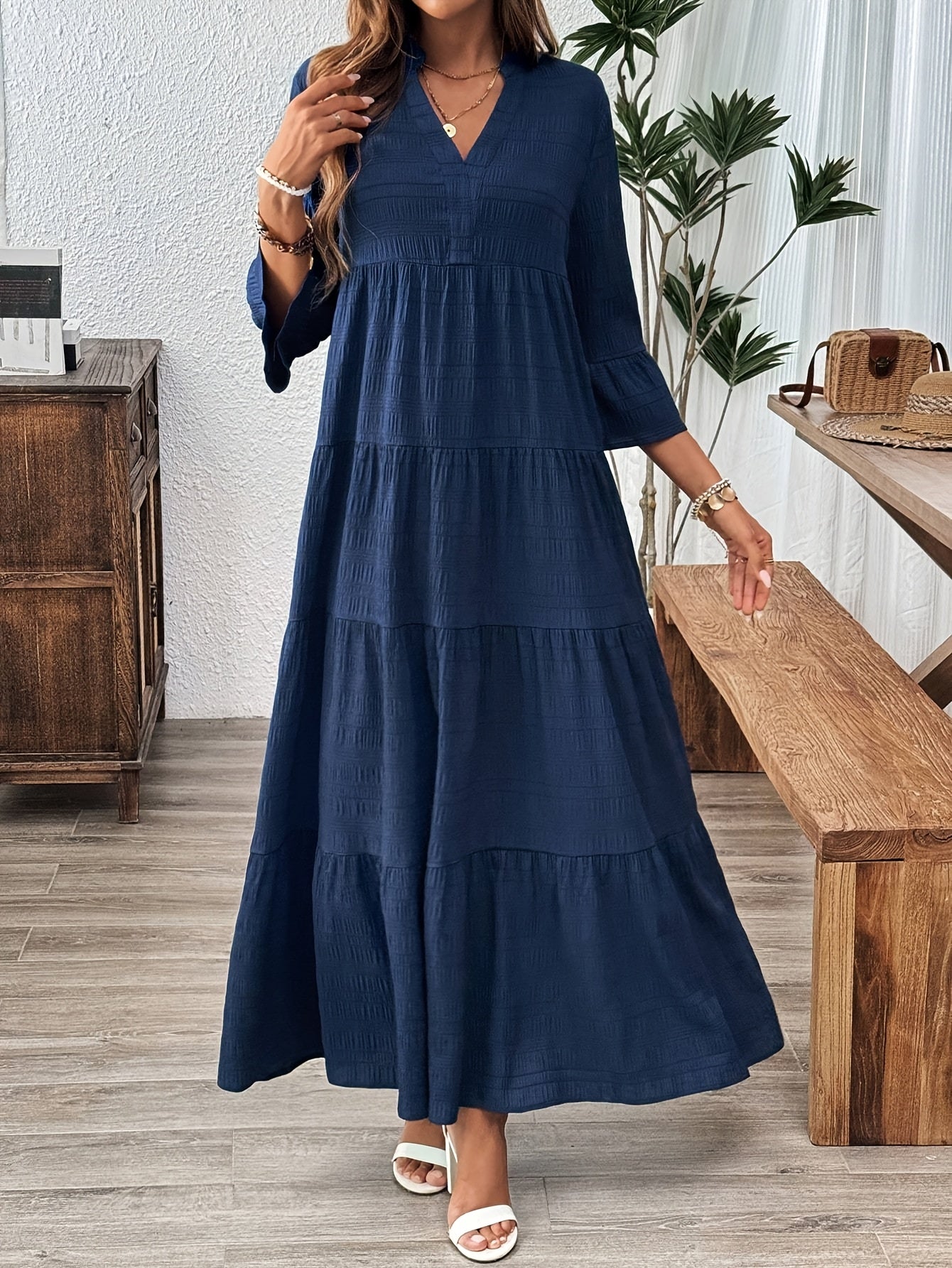 1pc Elegant V - Neck Asymmetrical Long Dress with Pleats - l3roma